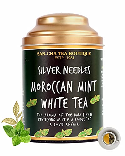 Image of Sancha Tea Boutique, Moroccan Mint White Tea, 75g Silver Needle White Tea Buds, Blended with Spearmint Leaves, Herbal Tea for PCOS & PCOD