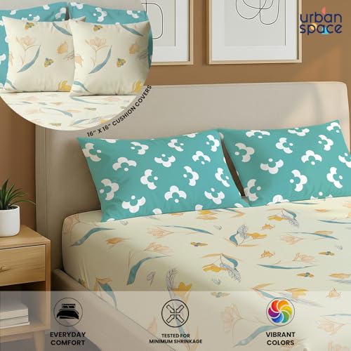 Image of Urban Space 144 TC Divine 100% Cotton Bedsheet for Double Bed with 2 Pillow Covers and 2 Cushion Covers, Queen Bedsheet (Size 90 x 100 inches, Sprinkle Buttercream, Double)