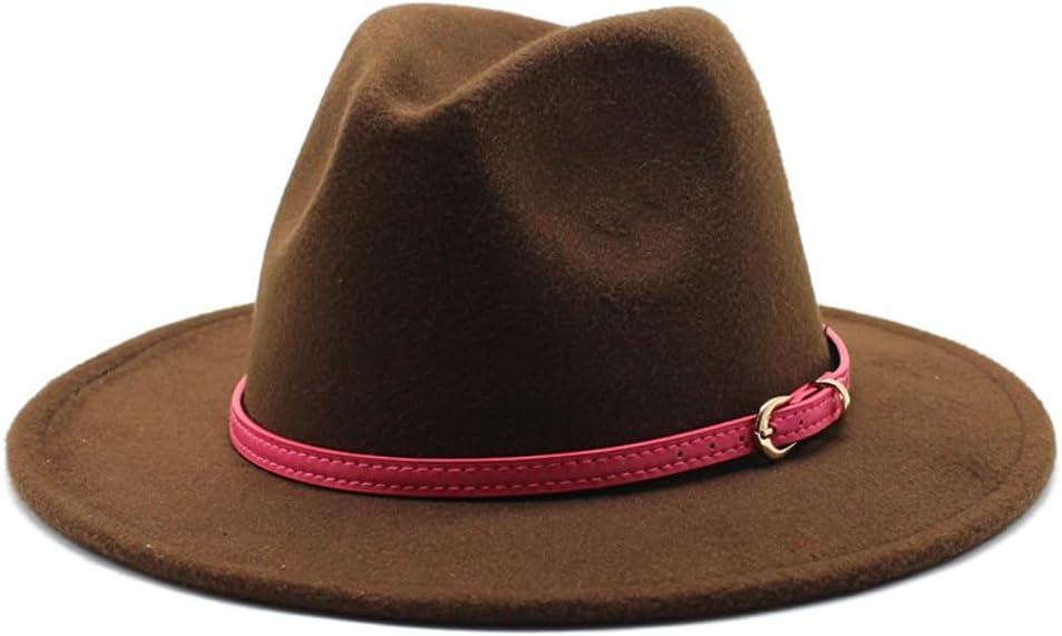 Classic Western Style Wool Felt Fedora Hat, Pink with Red Leather, Unisex Fashion Accessory