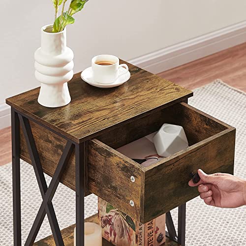 Vecelo End Tables Set Of 2, Nightstands With Drawer And Storage Shelf For Living Room Bedroom, Industrial Wood & Metal Frame, Night Stands, Atb #TOP4