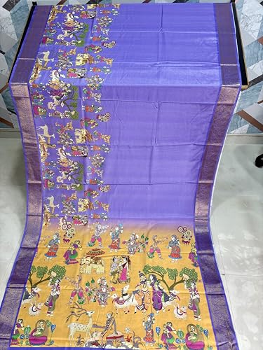 Image of Kalamkari Floral Prints Dola Silk Saree With Rich Zari Border Designer Pallu Attach Blouse Piece