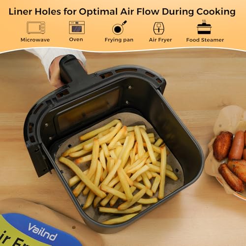 Image of Vailnd Air Fryer Liners Disposable, 100pcs 8.5In Square Parchment Paper Sheets Unbleached, Perforated Food Steamer Liner for 5-8 Qt Air Fryers Baking Cooking Oven