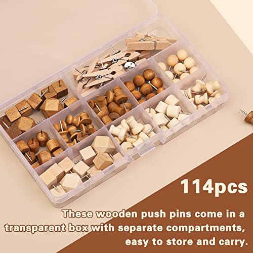 114 Pcs Wood Push Pins, 2 Colors And 7 Types Decorative Thumb Tacks Wooden Head Pin Wood Map Tacks Marking Pin, Wood Thumb Tacks Decorative For Bulletin Boards Craft Projects With Storage Box #TOP2