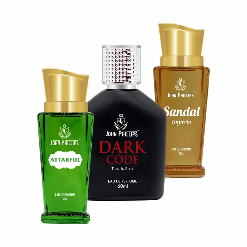 John Phillips ATTARFUL & DARK CODE & SANDAL | Long Lasting - Eau De French Perfume - Pack of 3 COMBO | Unisex For Men & Women | Upto 3000 Sprays (60ml + 60ml + 60ml) 180 ml