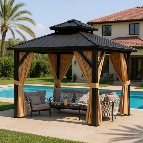 10x10ft Double Roof Hardtop Gazebo, Heavy Duty Galvanised Steel Hardtop Pavilion with Nettings and Curtains, Metal Roof Gazebo for Patio, Terrace, Lawn and Deck, Brown