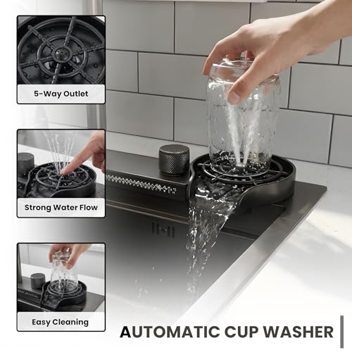 Image of Gloxy Premium SS 304 Nano Single Bowl Smart Kitchen Sink 30x18X9 Inches - Black Matt FInish Multifunction Sink With Integrated Waterfall - Anti Scratch Honeycomb Design with Pull Down Faucet