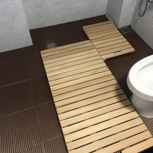 Alfombra de baño de madera noble ELzEy con tabla de drenaje recortada y acabado natural 3