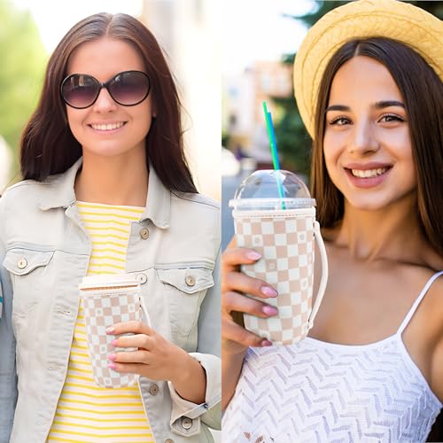 Image of KJQJLY 3 Pack Reusable Iced Coffee Sleeves for Iced Coffee Cups or Drinks Reusable Neoprene Insulated Sleeves for Hot and Cold Drinks from Starbucks, Dunkin, And More (Floral Checkers)