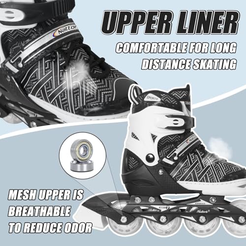 Image of Nattork Adjustable Inline Skates for Kids Boys & Girls, Blue Black Red with Light up Wheels, Youth Blade Roller Skating for Beginners Ages 3-15 (Black Knight-1, Medium(US 1-4Y) Big Kids)