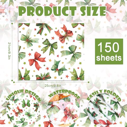 150 Sheets Red Green Bow Wax Paper for Food Deli, 9.8\'\' x 8.3\'\' Cute Christmas Berry Bow Star Greaseproof Deli Paper for Sandwich Picnic Basket Liner Christmas Party Supplies