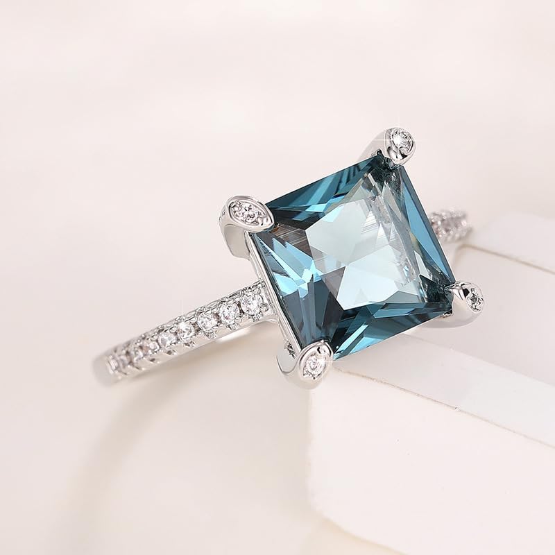 Htayekog Blue quadriprong Square Zircon Ring Promise Rings for her, Diamond Ring Eternity Rings Cocktail Ring 18K Gold Plated for Women Square cz Engagement Ring Promise Engagement Band Size 6-10（6）