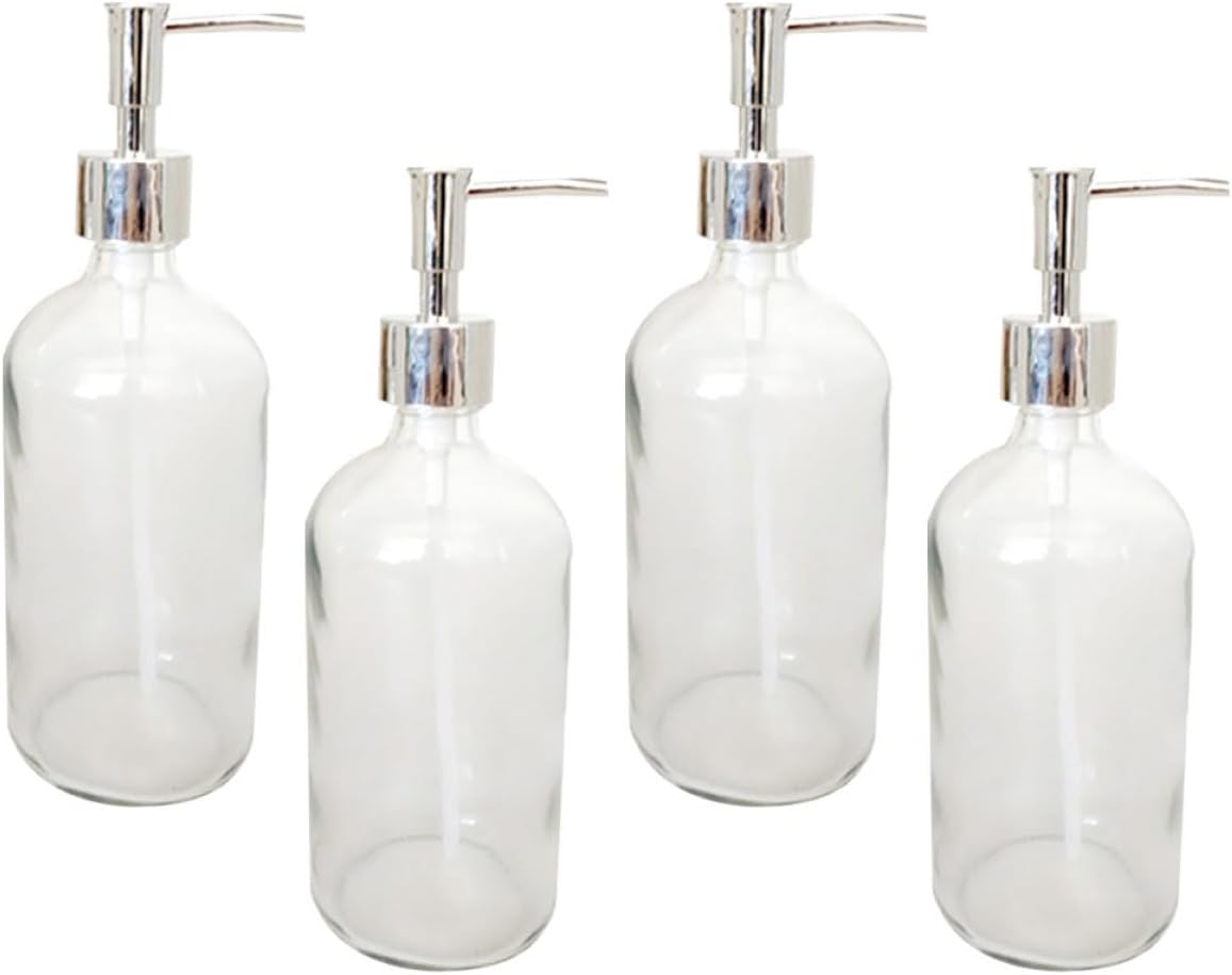 4 Pcs Glass Pump Lotion Bottles Portable Refillable Soap Dispensers for Bathroom Home Travel Simple Design Empty Liquid Containers for Shampoo Conditioner Hand Washing