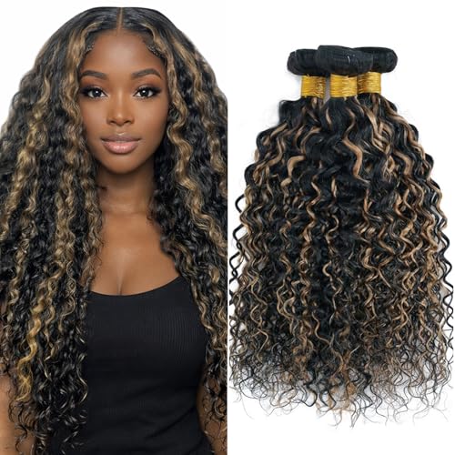 Jerry Curly Virgin Human Hair Bundles Highlight Two Tone Black and Honey Blonde 24 26 28 Inch Brazilian Remy Hair Extensions 12A 3 Bundles Double Weft Soft Silky Weave for Black Women