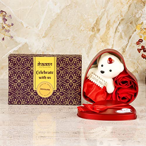 Ferns N Petals Valentine Gift Set of Chocolate Box with Small Teddy Bear & Artificial Red Rose In Red Heart Shape box | Pack of 6 Pieces Chocolate Box | Gift for Girls