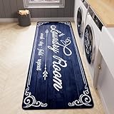 Non-Slip Laundry Room Rug Runner 17.3'x47.2' Washable Floor Cushioned Rubber Carpet Blue Bathroom Hallway Mudroom Kitchen Mat for Farmhouse Entryway Washroom Decor Accessories
