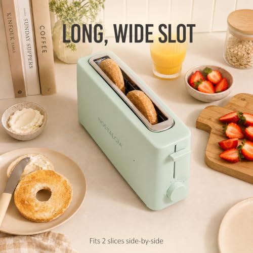Image of Nostalgia Slim 2-Slice Toaster - Wide Slot - Space-Saving Design - Adjustable Browning Dial - 10-inch Long Slot Fits 2 Slices of Bread or Bagel Halves - Drop-down Crumb Tray - Sage