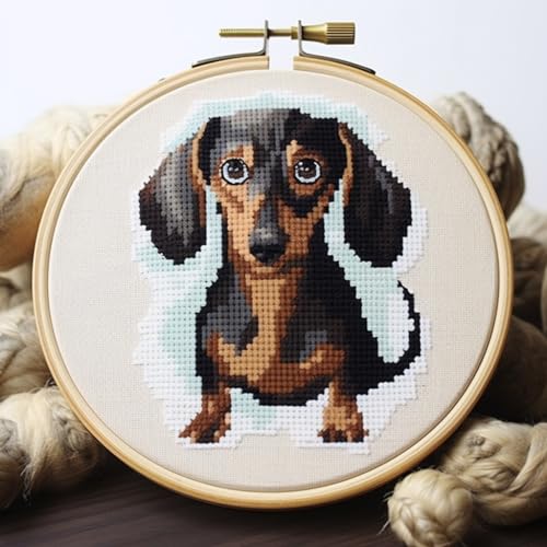 Image of Dachshund DIY Stamped Cross Stitch Kits for Beginners Easy with Hoop 11CT Needlepoint Embroidery Counted Cross Stitch Kits Art Craft Wall Decoration 30x30cm(1)