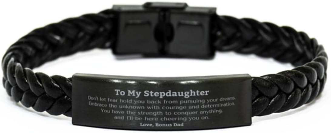 Generic To My Stepdaughter Inspirational Braided Leather Bracelet, Don't let fear hold you back, Supporting Birthday Unique Gifts for Stepdaughter from Dad, Small