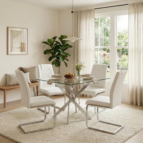 Image of 5 Piece Glass Dining Table Set for 4, Modern Tempered Glass Top Kitchen Table and Chairs Set, 4 Upholstered Chairs, Space-Saving Small Apartment Dining Set, Silver & White