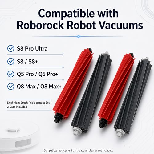 Image of 2 Set Dual Rubber Replacement Main Brushes Compatible with Roborock S8 / S8+ / Pro Ultra, Q8 Max / Q8+, Q5 Pro / Q5+ / Max+, Anti-Tangle Roller Sweeper Parts for Pet Hair & Floors