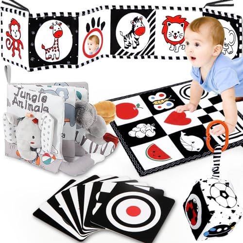 Image of DRAMATION 24 Pcs Black and White Baby Toys 0 3 6 Months, High Contrast Baby Toys for Newborn, Montessori Tummy Time Mirror Toys for Babies 0-3 3-6 Months, Baby Sensory Book for Brain Development