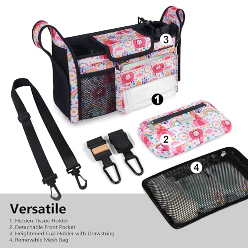 Image of TOPDesign Universal Baby Stroller Organizer, Stroller Caddy with Detachable Mesh Bag & Heightened Insulated Cup Holders & Non-Slip Secure Hooks Accessories, Fits Most Strollers (Pumpkin Princess)