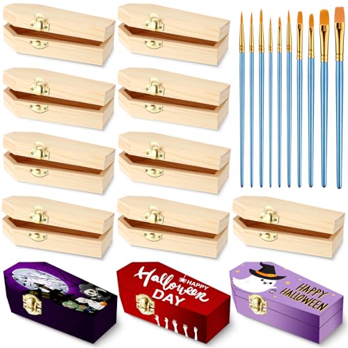 Sintuff 12 Pieces Unfinished Wooden Boxes with 10 Art Brushes 6 Inch Unfinished Wood Coffin Box Treasure Chest with Locking Clasp for Home Party Decoration DIY Crafts Jewelry Box