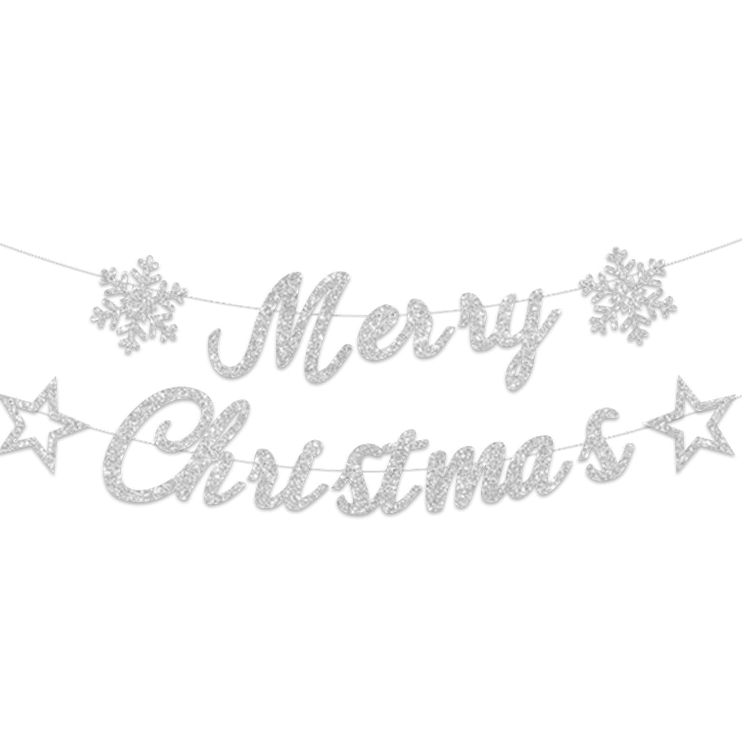 Elicola Silver Glitter Merry Christmas Banner with Snowflakes for Garland Christmas Decorations Festival Celebration Hanging String Flag