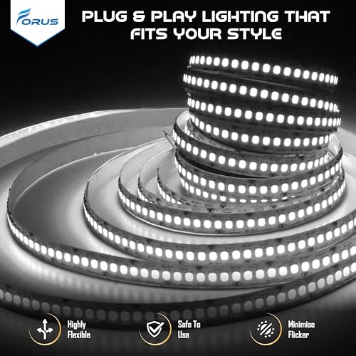 Image of Forus 5 Meter (5M) 10MM Cool White LED Strip Light, 240 LEDs /M Plug & Play Flexible Lighting for Home Decor, False Ceiling, Pooja Room, Living Room, Kitchen, Mirror, Stairs, 2-Year Warranty