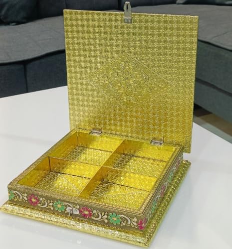 Image of Premium Gold Plated Dry Fruit Box with Peacock Design | Square Decorative Metal Storage Box with 4 Compartments | Luxury Gift for Diwali, Wedding & Festive Occasions (25 x 25 x 6 cm)