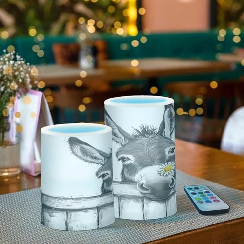 Image of Black White Donkey Flowers Wooden Flickering Flameless Candles LED Battery Operated with Remote Timer Pillar Candles for Home Birthday Wedding Christmas Decor, Set of 2