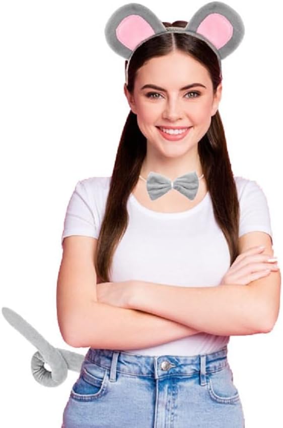4PCS Mouse Costume Accessories Set Mouse Ears Headband Tail Nose Bow Tie Grey Rat Costume Cosplay Dress Up for Halloween Party - Image 6