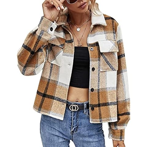 Sukany Damen Casual Cropped Plaid Shacket Flanell Wollmischung Button Down Langarm Kurze Jacken Mantel Cover