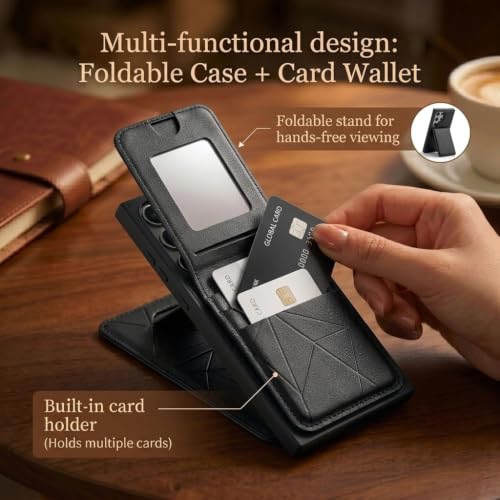 Image of amazon basics Premium Vegan Leather Back Cover with Card Holder and Integrated Mobile Stand for Samsung Galaxy S23 Ultra 5G - Slim Shockproof Wallet Case with Geometric Stitching [Black]