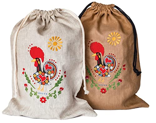 Artisan Linen Bread Bags, Embroidered Set of 2 Large Reusable Bags for Homemade Bread with Drawstring for Crusty Loaf Bread, Ideal for Bakers Gifts, Rooster Gifts for Women