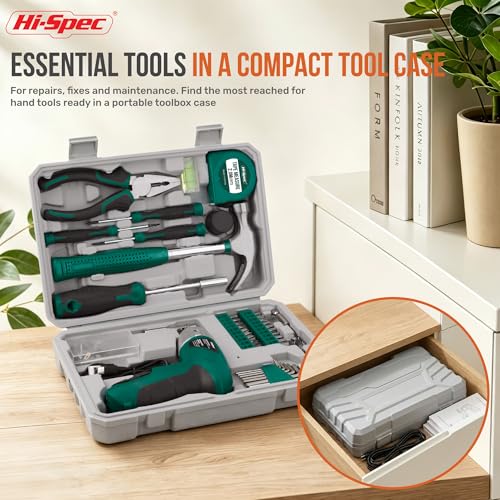 Image of Hi-Spec 4V USB Electric Screwdriver Tool Kit for Home Repairs, Green | 42pc, fast assembly help, common screw bit selection, LED visibility, compact grip, quick household fixes, organized storage