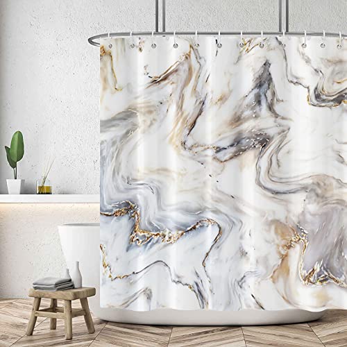 Gold Marble Shower Curtains Modern Art Grey and Golden Ink Mineral Granite Shower Curtains Abstract Crystal Bathroom Decor Polyester Fabric Waterproof with Hooks 72 x 72 Inches