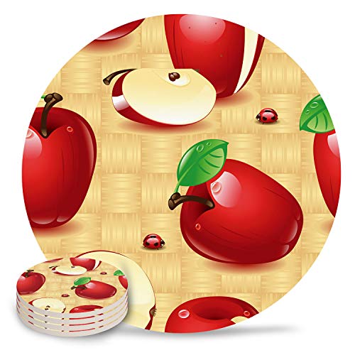 Drink Coasters Absorbent Natural Ceramic Stone Bar Coasters Set of 8 - Cartoon Apples Fruits Pattern Cup Mat with Cork Backing, Housewarming Gifts for Home Kitchen Decorations