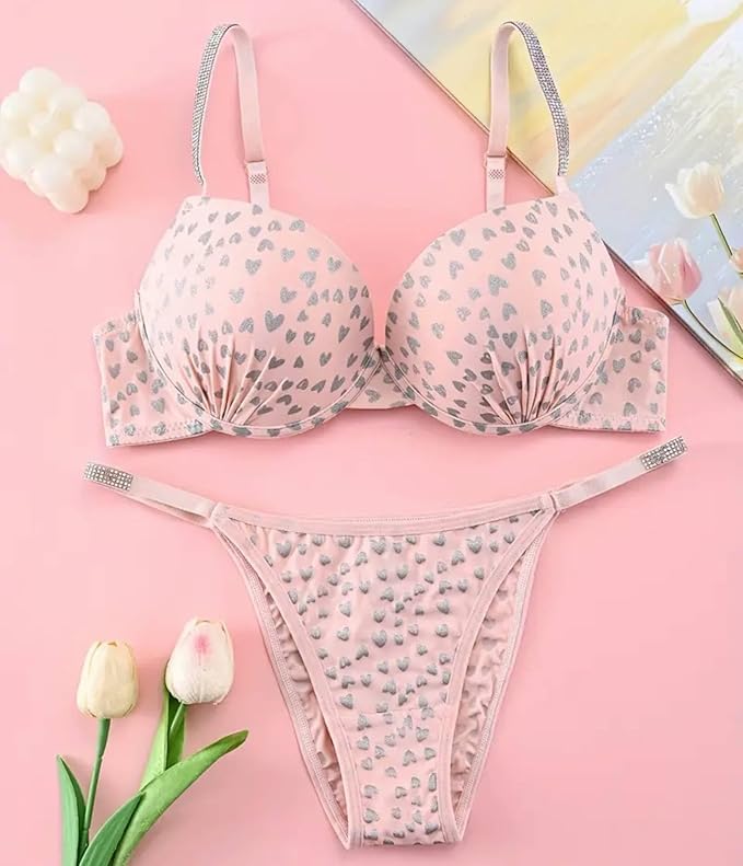 Image of Fashiol Women's Padded Wired Lingerie Set with Adjustable Glitter Straps & Heart Print Bra and Panty Set