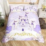 Princess Bedding Set Purple Castle Dreamy Comforter Cover(No Filler) for Kids Teens Bedroom Decor Garden Flowers Fairy Tale Theme Princess Duvet Cover Bedspread Full Size