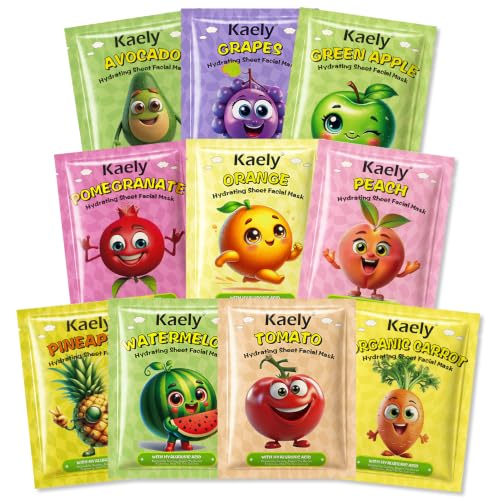 Kaely 10 Pack Fruit Face Masks for Kids, Kids Face Mask Spa Day Kit Supplies, Spa Party Favors for Teens Girls Women, Sheet Facial Mask Skincare Gifts Set, Moisturize Soothe for All Skin Types, 01