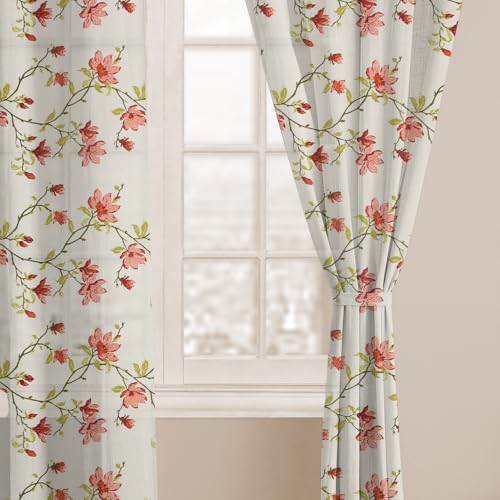 Image of LINENWALAS Cotton Linen Printed Sheer Curtain Set of 2 Panels with Eyelet Ring Hanging, Floral Printed Door Curtains Non Blackout Light Filtering Curtains (7 Feet x 4.5 Feet, Blossoming Vines)