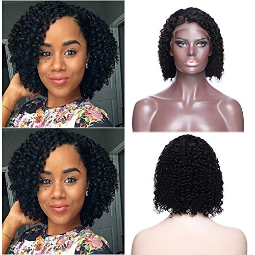 Curly Bob Lace Front Wig Brazilian Human Hair with Baby Hair Short Deep Wavy for Black Women Side Part Pre Plucked Slightly Bleached Knots- 8 inch #1B