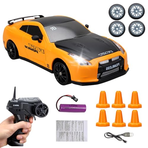 SKIKHN Coche Teledirigido Drift, 1:24 Coche RC Drift, 15 km/h, Coche Teledirigido con Luces LED, 2,4 GHz Coche Radiocontrol, Coche de Carreras Teledirigido, RC Drift Car para Niños y Adulto