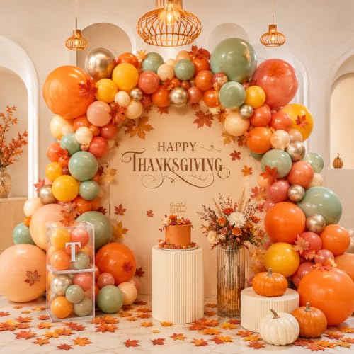 Image of Fall Balloon, Orange Yellow Green Beige Gold Balloon for Autumn Party Decor | Orange Mustard Yellow Sage Green Beige Metallic Gold Fall Color Latex Balloon, Thanksgiving Harvest Birthday Party Decor