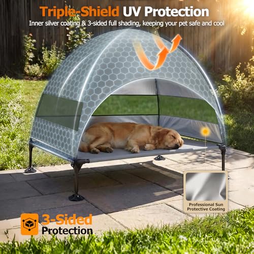 Image of Elevated Dog Bed with Upgraded Canopy, Raised Outdoor Dog Tent with Powerful Anti-Slip Feet, Portable Pet Cot with Larger Shade, Raised Cooling Bed for Camping, Backyard, Beach, Poolside