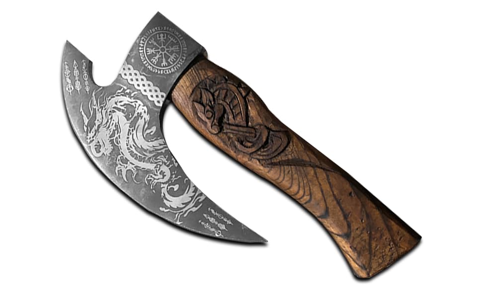 Novahaven"Handcrafted Viking Pizza Axe - Carbon Steel Blade with Dragon Engraving & Ash Wood Handle - Sharp, Durable, Unique Pizza Cutter with Artisan Design (Gold)