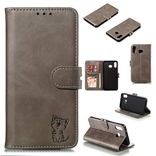 Robinsoni Case Compatible with Samsung Galaxy A6S Retro Leather Wallet Cover with Card Holder Slots Cat Printed Folio Flip Book Cover Case TPU Silicone Inner Case Kickstand Magnetic Closure Case, Gray