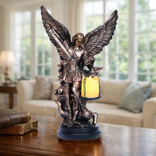 St. Michael Statue Lamp with Tealight Candle Holder Home Decor St Michael The Archangel Sculpture Saint Michael Defeating Lucifer in Religious Collectible Tabletop Angel LED Candle Holder 11.6