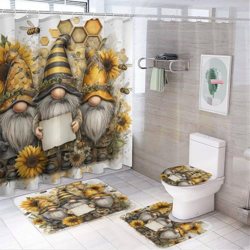 NAQSKQF 4Pcs Fantasy Gnome Farmhouse Sunflower Honeycomb Shower Curtain 72W X 72L Toilet Lid Cover Non-Slip Rugs and U-Shaped Mat Colorful Bee Flower Yellow Bathroom Decor Set with 12 Hooks